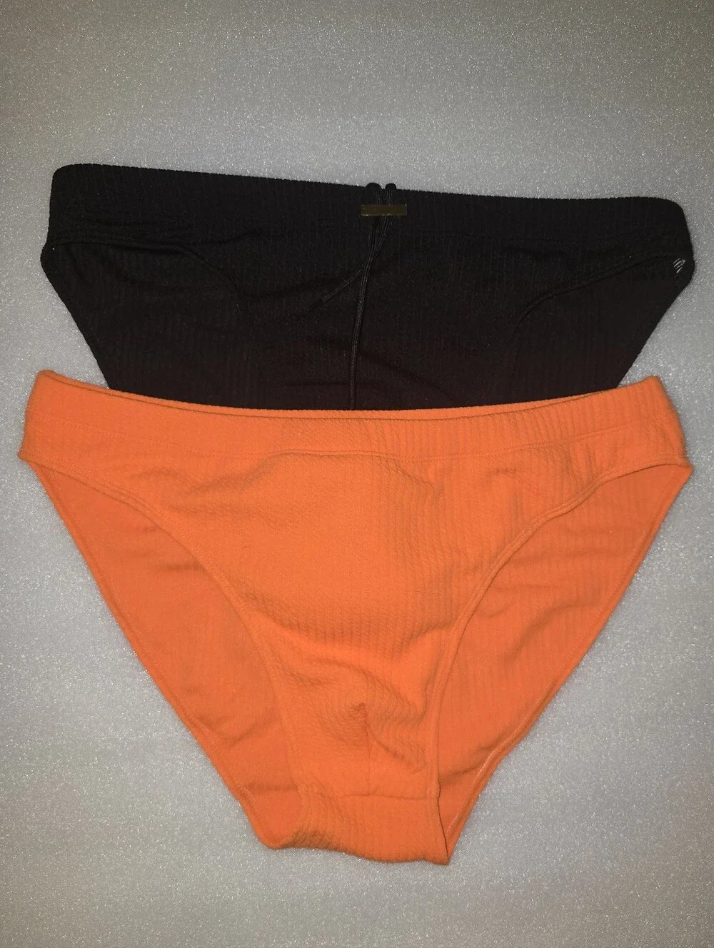 Men's Ribbed Bikini Swim Briefs in Black + Orange - Large